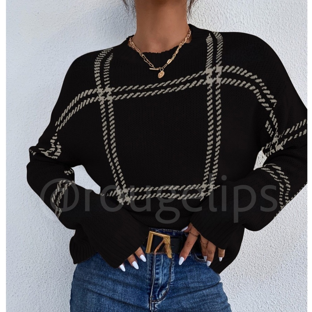 Grid Plaid Pattern Black Knit Crew Neck Pullover Sweater